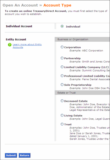 Sample screen for Open an Account with Individual marked as the Account Type.
