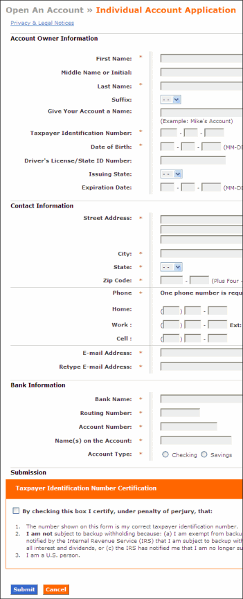 Screen segment for Individual Account Application with sample Information.