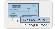 Sample check with routing number in the lower left corner of the check followed by the account number.