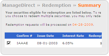 Screen segment for Redemption Summary with sample security information.