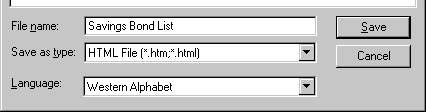 screen shot showing: file name, save as type, language, save and cancel buttons